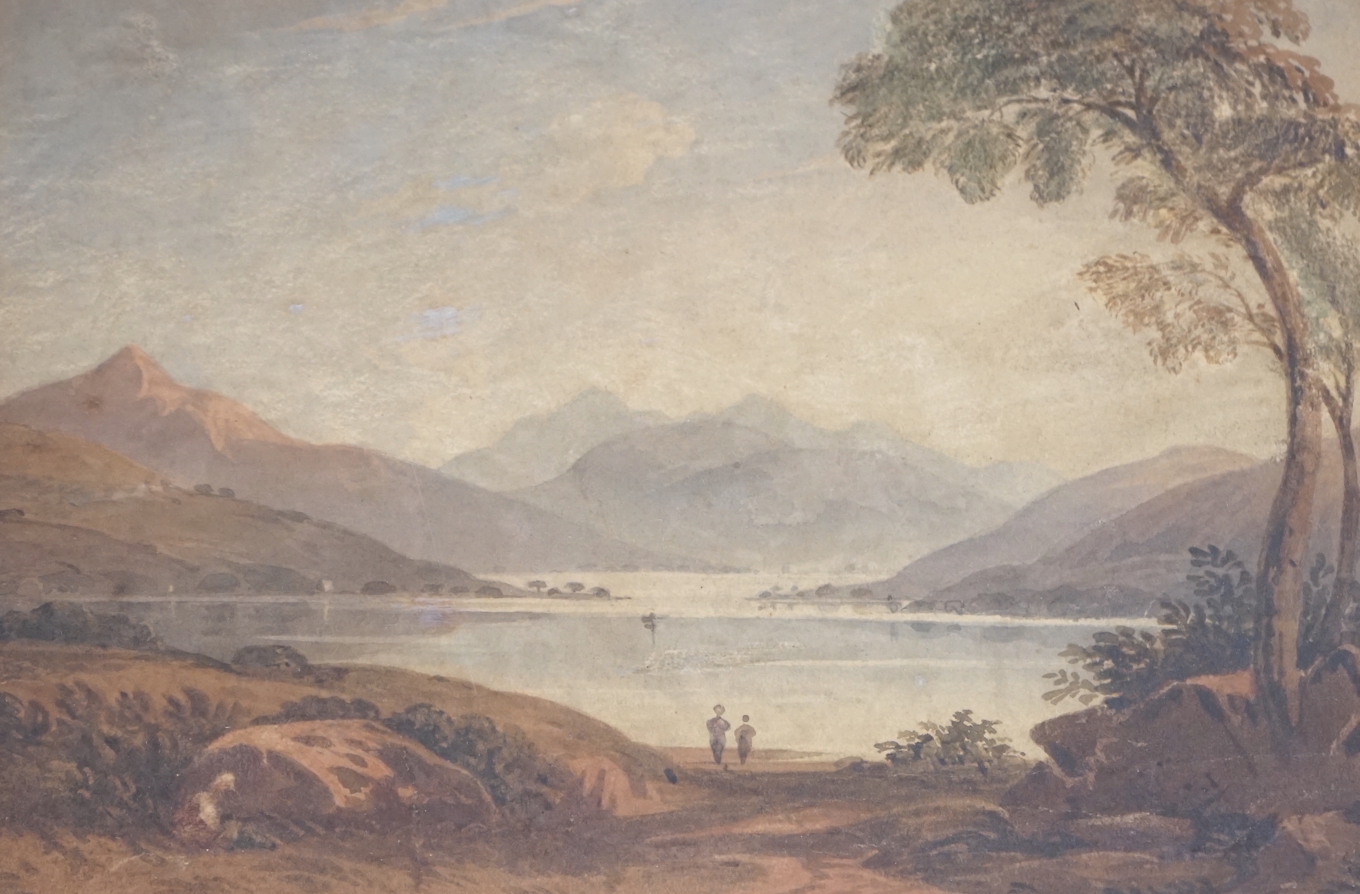 John Varley RWS (1778-1842), watercolour, Mountainous lakeside landscape, signed, 13 x 19cm